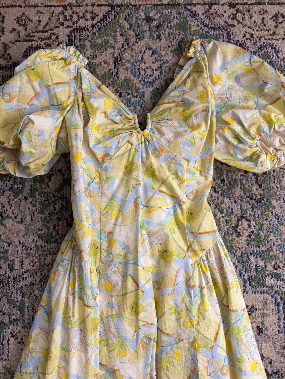 Yellow Watercolor Puff Sleeve Midi Dress